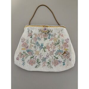 VTG Hand Made in France Beaded Handbag White Floral Kiss Lock Frame Evening Bag
